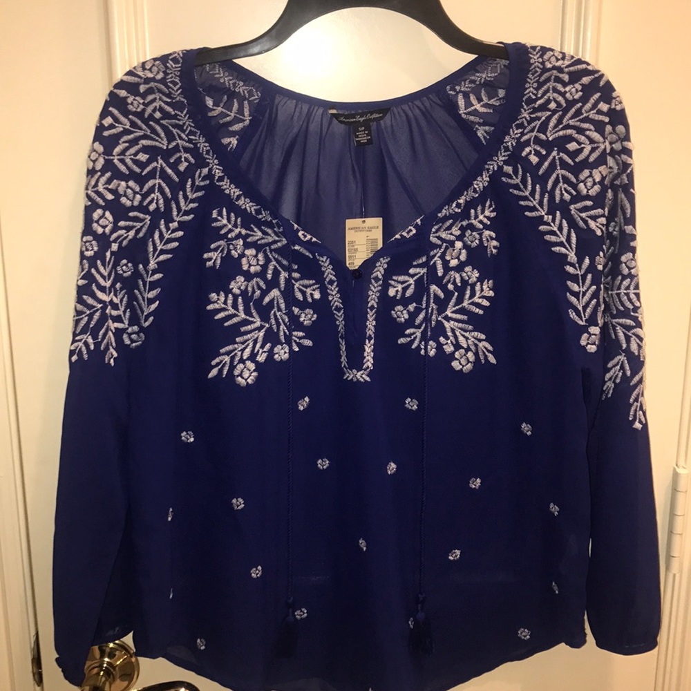 American Eagle Blue White Embroidered Blouse